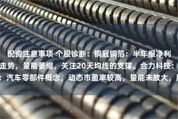 配资注意事项 个股诊断：铜冠铜箔：半年报净利润大增，高位箱体震荡走势，量能萎缩，关注20天均线的支撑。合力科技：汽车零部件概念，动态市盈率较高，量能未放大，股价维持横盘震荡（刘欣）